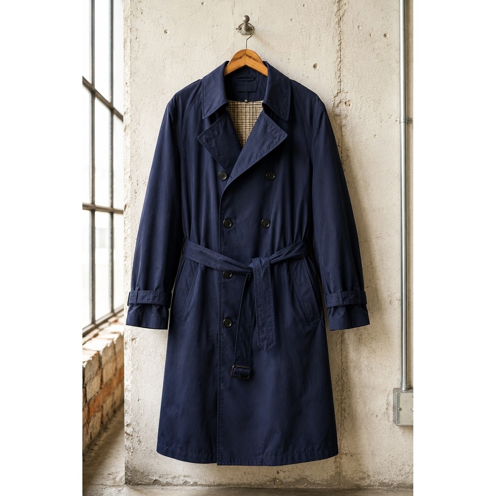 Vintage London Fog Navy Trench Coat 44R Zip Out Liner Double Breasted Spy Coat